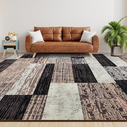 Large Area Rugs,Modern Geometric Patchwork Floor Decor for Bedroom Aesthetic Carpet, Rockwood Collection, Indoor Rugs for Living Room Dining Room Nursery Office Machine Washable Rug, 8x10 Ft Chocolate