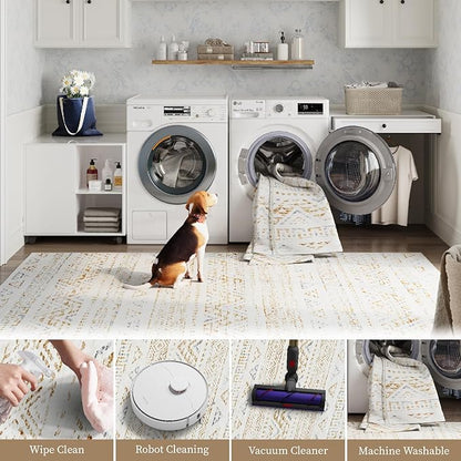 jinchan Boho 2x3 Rugs for Entryway - Machine Washable Doormat Moroccan Soft Throw Rug Bohemian Diamond Non-Slip Carpet for Entrance Kitchen Laundry Room Bedroom (2‘x3', Tan/Grey)