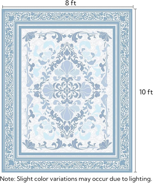 SOULFUL Medium Pile 8x10 Rugs for Living Room - Soft Foot Feel Large Area Rug - Mist Blue Boho Floral - Washable Non-Slip - Perfect for Bedroom Kids Room Under Dining Table Office