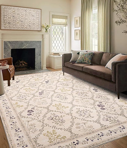 YIHOUSE Beige Floral Print Rugs, Moroccan Trellis 10x14 Washable Large Rug, Modern Pastel Non Slip Ultra-Thin Area Rug for Classroom, Nursery Playroom,Dorm,Bedroom,Living Room, Beige Multi