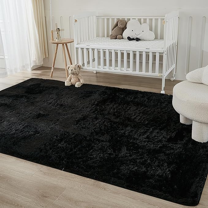 Andency Black Soft Area Rugs for Living Room Bedroom, 5x8 Fluffy Shaggy Bedside Rug, Non-Slip Large Shag Fuzzy Plush Carpets for Bedroom Kids Dorm Nursery Home Decor Aesthetic