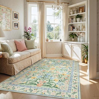 Lahome Sage Green 6x9 Bedroom Rugs, Boho Washable Rugs for Living Room, Soft Wool Carpet for Nursery, Vintage Low Pile Carpet for Kids Playroom Girls, Tea Green