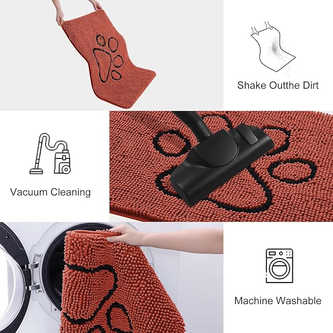 Smiry Dog Door Mat for Muddy Paws, Absorbent Dirt Trapper Non Slip Quick Dry Washable Chenille Mat for Mud Dogs, Entry Rug for Indoor and Outdoor (36x24 Inches, Maple Red and Black)