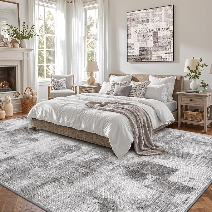 LUMI 8x10 Washable Low-Pile Area Rug for Living Room, Ultra Soft Modern Neutral Grey Rugs Non Slip with Rubber Backing, High Traffic, Stain Resistant Carpets, Ideal for Bedroom, Dining Room