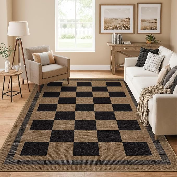 Vasofe 3x5 Plaid Rug, Jute Rugs, Washable Outdoor Indoor Checkered Carpets, Entryway Bedroom Potio Porch Kitchen Carpet, Non Slip Farmhouse Neutral Office Laundry Floor Mat, Black and Brown