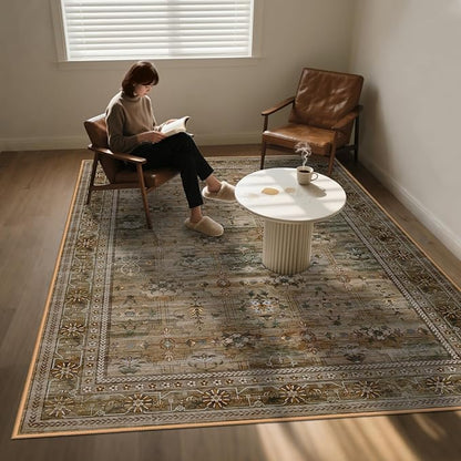 5x7 Washable Area Rug for Living Room Dining Room, Distressed Non Slip Vintage Floral Rugs for Bedroom, Traditional Indoor Floor Carpet for Dining Kitchen Farmhouse Brown with Green