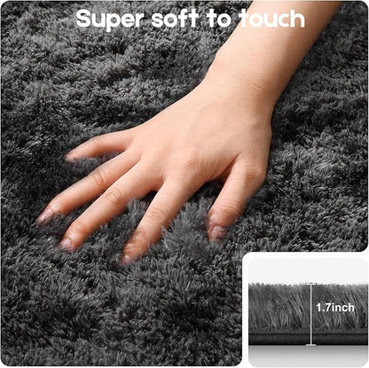 4x6 Rugs for Bedroom, Fluffy Small Area Rugs for Living Room, Soft Shag Fuzzy Carpet with 4 Non-Slip Stickers for Kids Boys and Girls Nursery Dorm Home Decor (Tie-Dyed Black Grey, 4ft x 6ft)