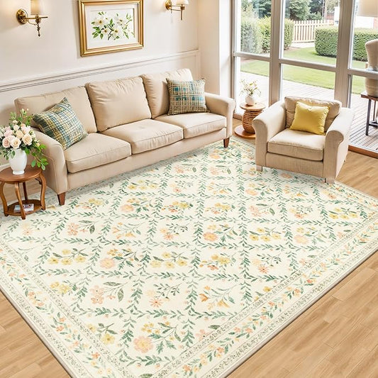 10x12 Area Rugs for Living Room: Floral Washable Rug Vintage Large Soft Boho Non-Slip Carpet Stain Resistant Low Pile Carpets for Bedroom Dining Room Farmhouse Nursery Hallway Home Office Beige/Multi