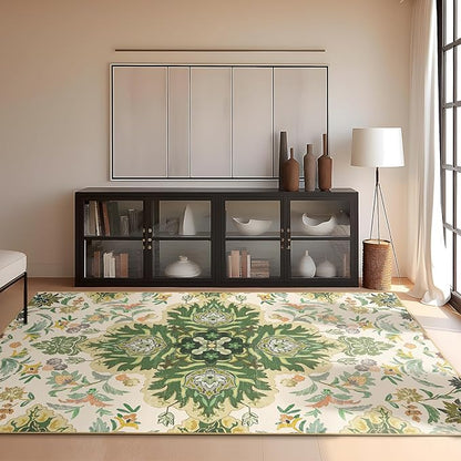 Phantoscope Washable Area Rug 6'x9' Non-Slip, Vintage Boho Rugs for Living Room, Bedroom, Dining Room, Neutral Green Floral Medallion Pattern, Low-Pile Foldable Floor Carpet, Forest Green/Cream