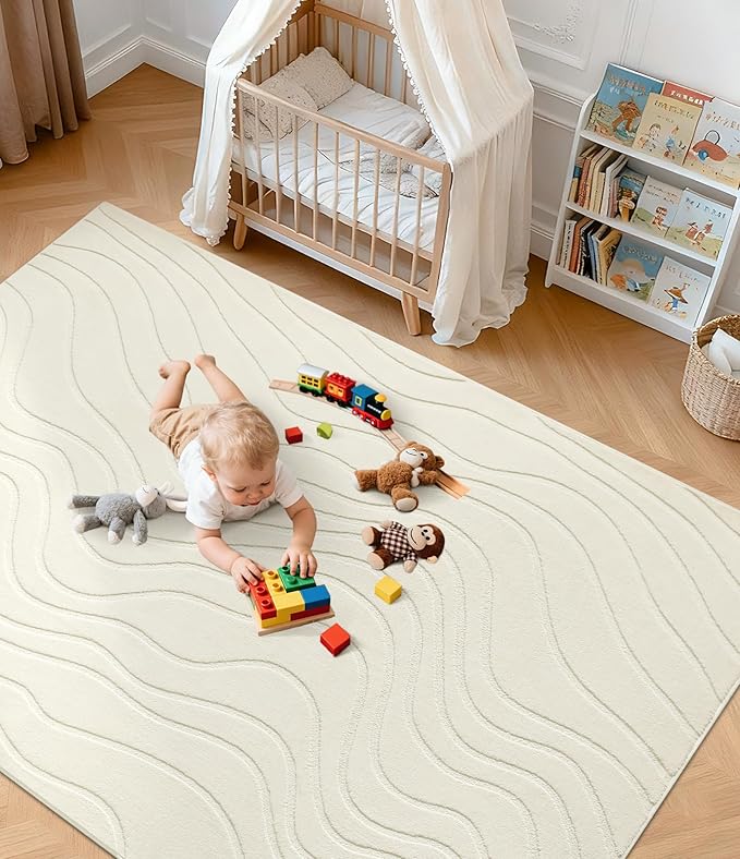 YIHOUSE 6x9 Abstract Line Area Rug, Modern Washable Stain Resistant Rugs Non Slip, Soft Indoor Floor Carpet for Living Room, Bedroom,Dining Room, White