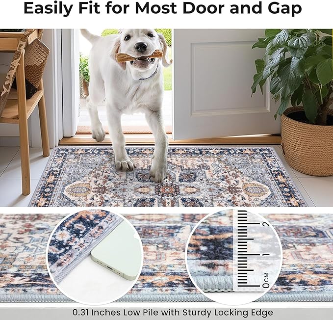 KOZYFLY Runners for Hallways 2x6 Ft Washable Kitchen Runner Rug Boho Runner Rug for Entryway Indoor Printed Oriental Faux Wool Floor Carpet Runner for Bedroom Kitchen Hall, Blue Gray/Cream