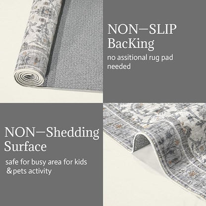 6x9 Washable Rug Vintage Fade Resistant Boho Distressed Non-Slip Indoor Large Carpet Low Pile Lightweight & High-Traffic Safe for Bedroom, Dorm, Playroom - Farmhouse Decor