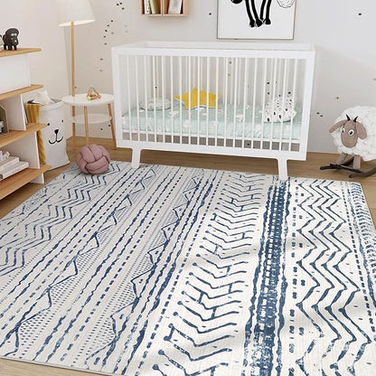 Nakagishi Area Rugs 8x10 Living Room: Washable Boho Large Neutral Soft Farmhouse Rug Stain Resistant Modern Moroccan Non-Slip Indoor Carpet for Bedroom Nursery Kids Playroom Office Dining Room- Navy
