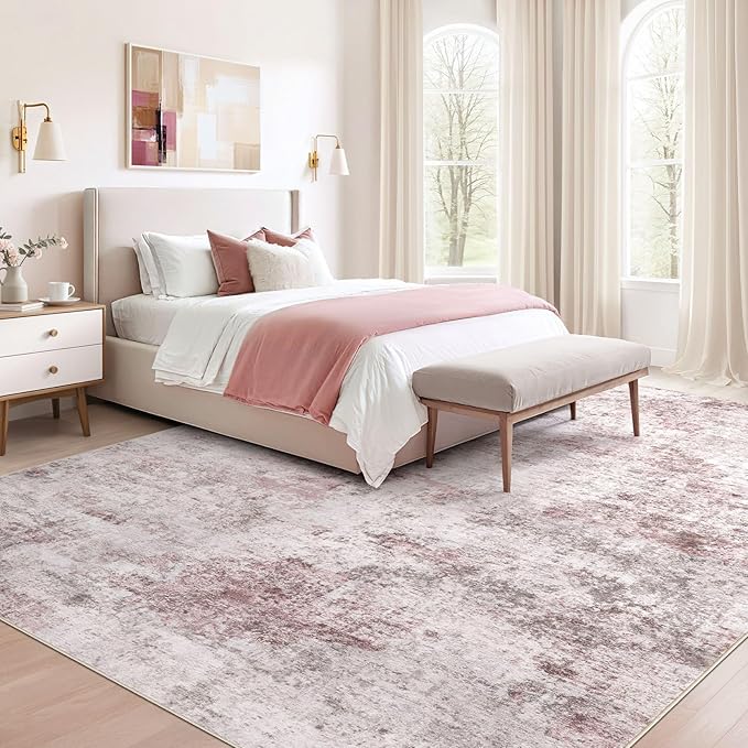 8x10 Area Rug Living Room Rugs - Washable Neutral Modern Abstract Soft Thin Large Rug Indoor Floor No Slip Rug Carpet for Bedroom Under Dining Table Home Office Decor - Pink