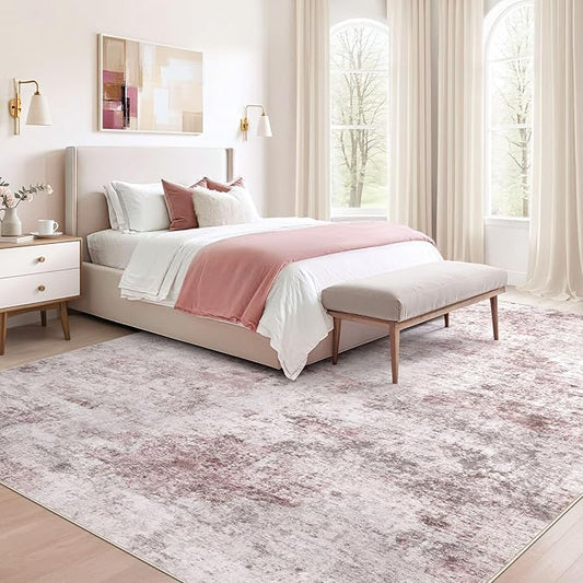 9x12 Area Rug Living Room Rugs - Washable Neutral Modern Abstract Soft Thin Large Rug Indoor Floor No Slip Rug Carpet for Bedroom Under Dining Table Home Office Decor - Pink