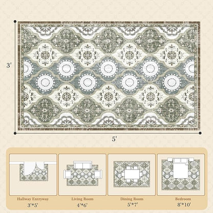 EnHomee Area Rugs 3x5, Soft Washable Rugs for Living Room Bedroom, Boho Non Slip Low Pile Stain Resistant Washable Rug Large Carpet for Dining Room,Easy to Clean Living Room Rug, Green