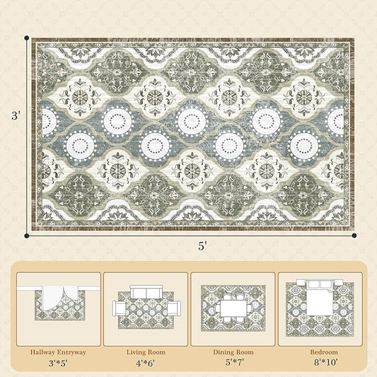 EnHomee Area Rugs 3x5, Soft Washable Rugs for Living Room Bedroom, Boho Non Slip Low Pile Stain Resistant Washable Rug Large Carpet for Dining Room,Easy to Clean Living Room Rug, Green
