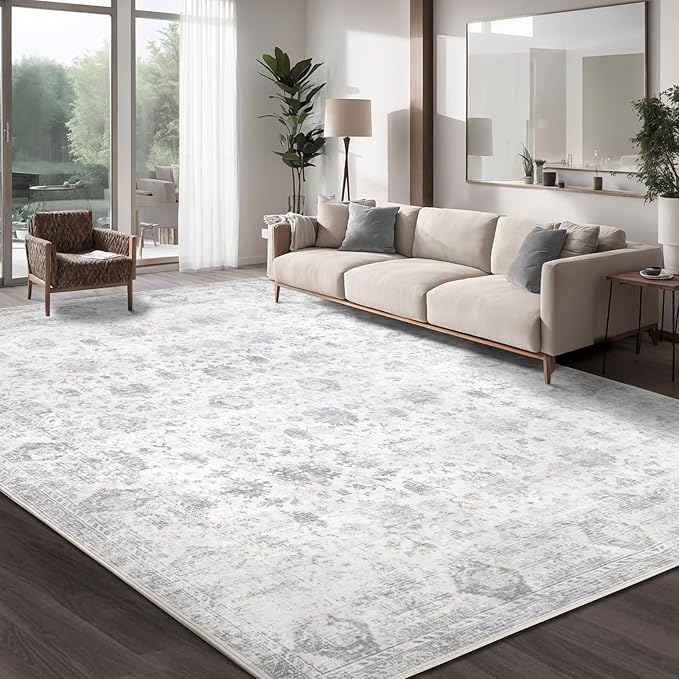 Washable 10×12 Area Rugs for Living Room, Vintage Floral Rug Soft Non Slip Stain Resistant Boho Carpet for Bedroom Dinning Room Kitchen Home Office Grey