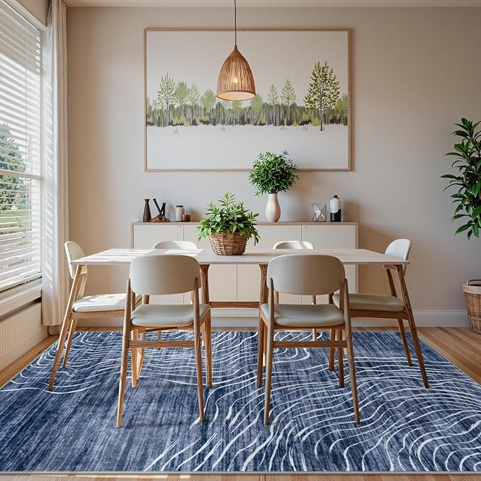 LIVEBOX Machine Washable Modern Abstract 6x9 Area Rug, Non Slip Large Bedroom Living Room Nursery Girl Rug Minimalist Wave Striped Neutral Boys Rug, Carpet for Dining Room Playroom(Navy Blue,6'x9')