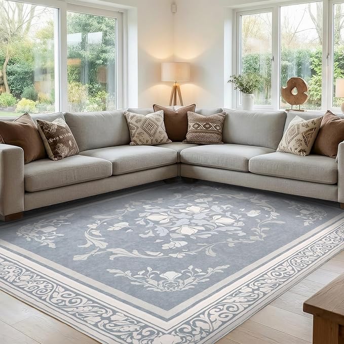 SOULFUL Medium Pile 4x6 Rugs for Living Room - Cozy Soft Underfoot Area Rug - Greige Boho Floral - Washable Non-Slip - Perfect for Bedroom Kids Room Under Dining Table Office