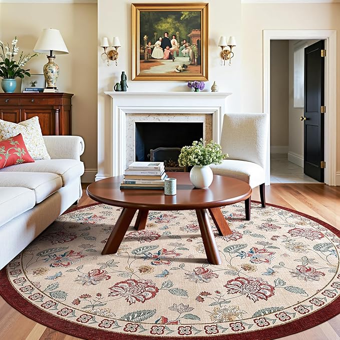 jinchan Elora 8ft Floral Round Rug for Dining Room Washable Living Room Rug Vintage Romance Design Non Slip Indoor Floor Cover Lightweight Low-Profile Throw Carpet for Bedroom Porch Patio, Red/Beige