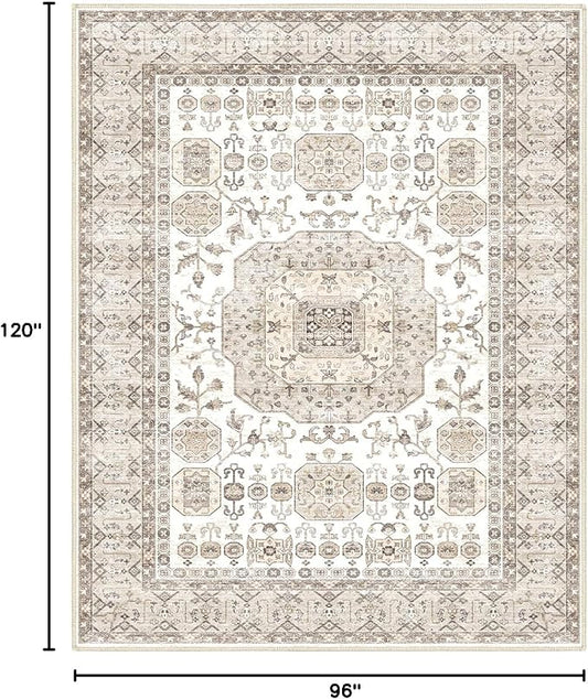 8x10 Area Rug Washable Living Room Carpet Bedroom Rug, Retro Accent Throw Distressed Rug, Easy Cleaning (Cream Beige)