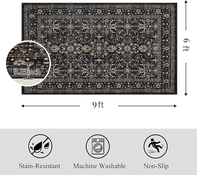 Area Rug Non Slip Machine Washable Ultra Soft Living Room/Bedroom/Kitchen/Outdoor/Classroom Black Grey, 6'×9'