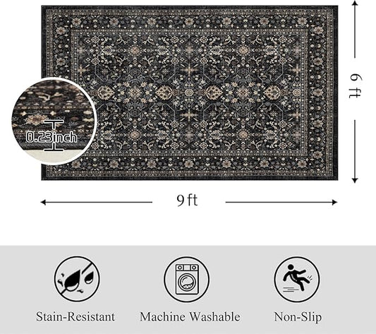 Area Rug Non Slip Machine Washable Ultra Soft Living Room/Bedroom/Kitchen/Outdoor/Classroom Black Grey, 6'×9'