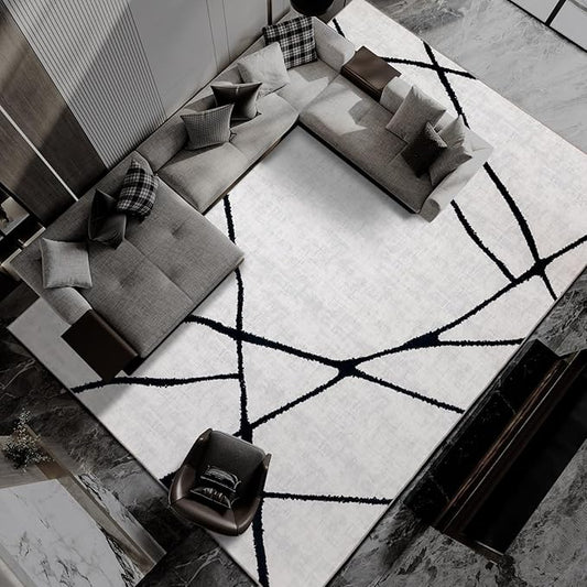 YIHOUSE Geometric 9x12ft Modern Washable Area Rug for Living Room Bedroom - Large Abstract Black and White Rug Non-Slip Ultra-Thin Home Decor
