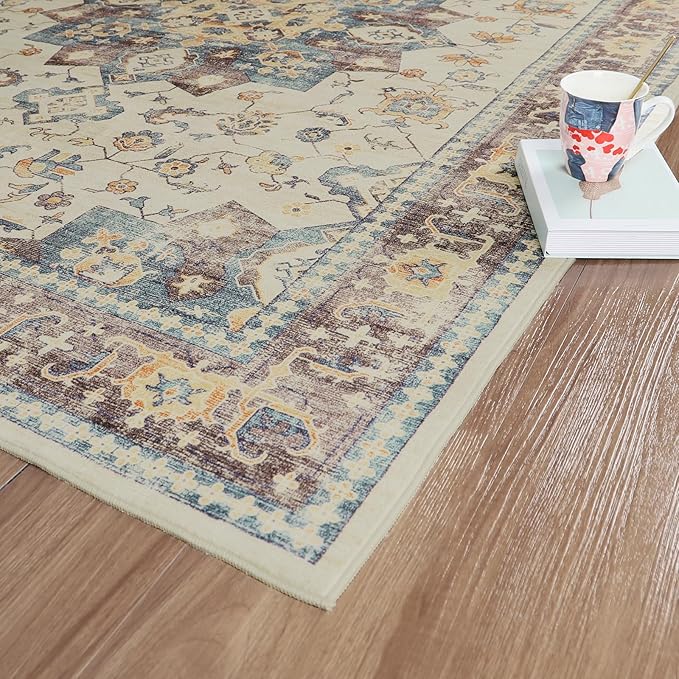 Dripex 8x10 Area Rugs - Stain Resistant Washable Rug Distressed Rugs for Living Room Dining Room Bedroom Anti-Slip Low-Pile and Soft Accent Rug Farmhouse Office Home Decor, Pet & Child Friendly