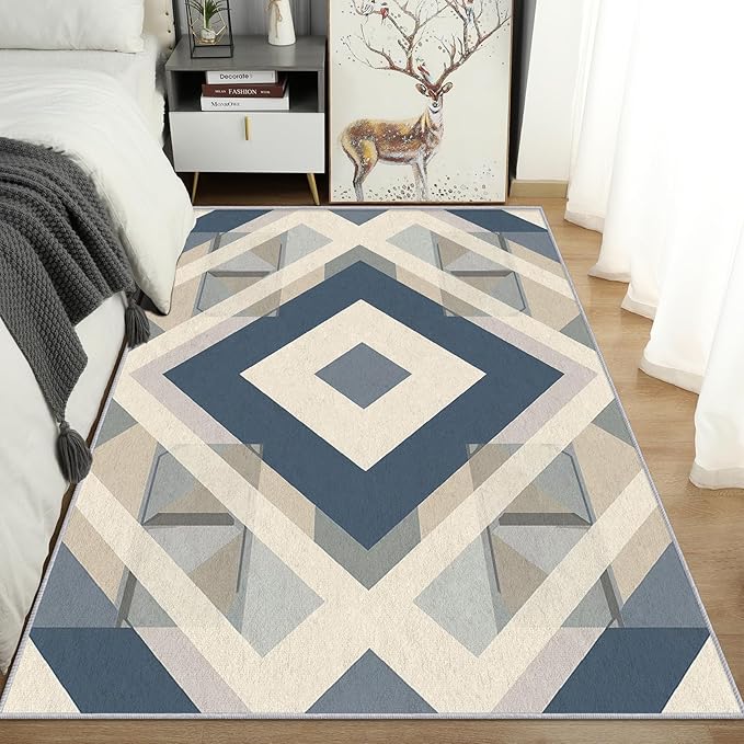 Geometric Rug, Washable 4x5 Rug for Living Room, Modern Abstract Patterned Indoor Carpet, Geometric Decor for Home, Bedroom, Soft Non Slip Thin Design FER95