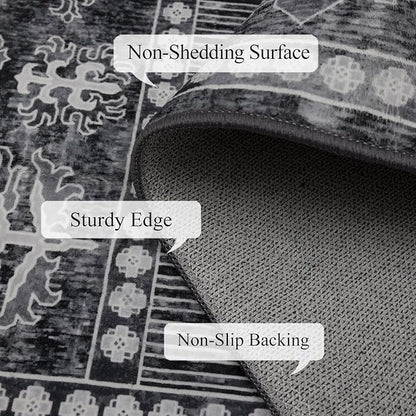4x6 Washable Area Rug for Living Room, Carpet for Bedroom, Soft Faux Wool Retro Dining Room Rug, Non Slip&Non-Shedding Resistant Low Pile Vintage Print Rug for Home Office (Grey)