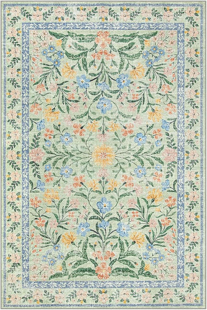 Morebes Boho Washable 6x9 Area Rugs for Living Room, Soft Vintage Floral Girls Bedroom Rug Non Slip, Indoor Floor Carpet for Nursery Kids Playroom Home Office, Green/Multi