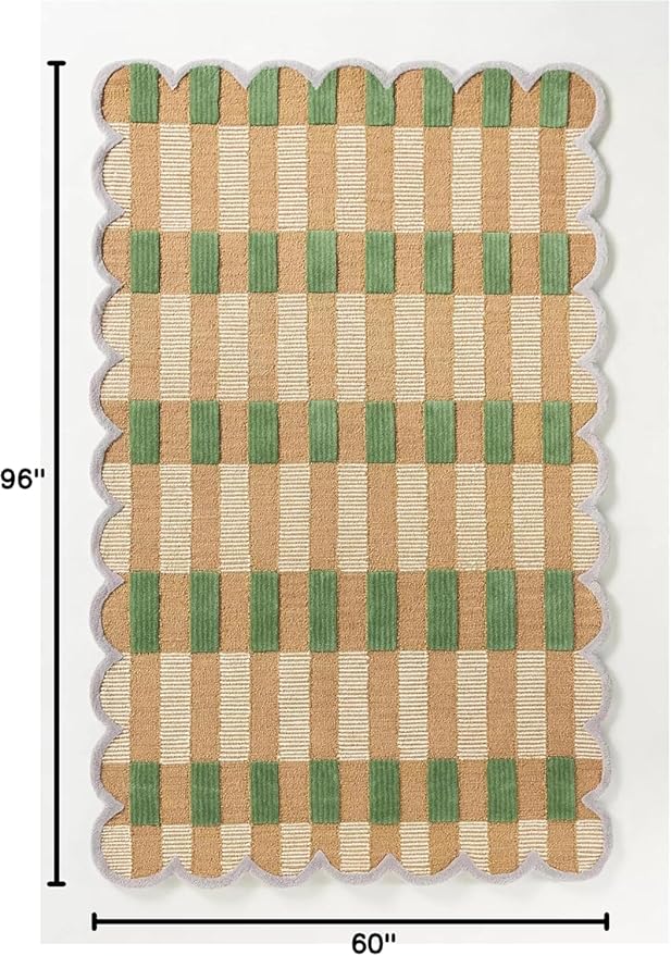 Hand-Tufted Wool Rug with Scalloped Edges, Light Blue Plaid Pattern, Cozy Soft Area Rug for Living Room, Bedroom, and Nursery, Handmade Modern Accent Rug (Green, 5X8 FEET)