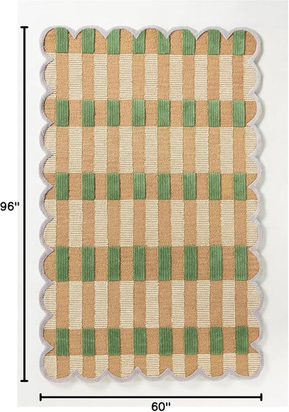 Hand-Tufted Wool Rug with Scalloped Edges, Light Blue Plaid Pattern, Cozy Soft Area Rug for Living Room, Bedroom, and Nursery, Handmade Modern Accent Rug (Green, 4X6 FEET)