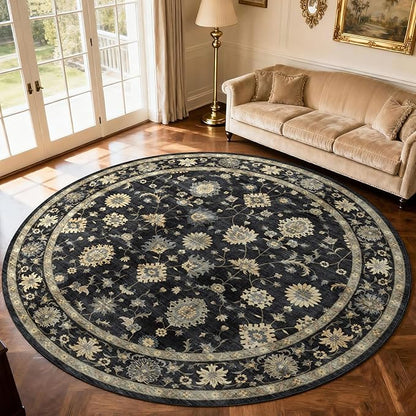Washable Round Area Rug 8ft - Charcoal Black Traditional Floral Living Room Circle Rug 8x8 Non-Slip Farmhouse Dining Room Carpet Soft Vintage Boho Round Rugs for Bedroom Office Entryway