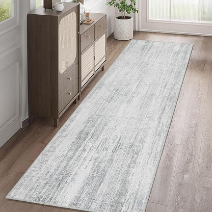 MUJOO Washable Runner Rug 2x8,Modern Abstract Area Rugs for Kitchen Hallways Bedroom Bedside Bathroom Laundry,Non Slip Throw Carpet Long Mat Indoor,Low Pile Accent Neutral Grey