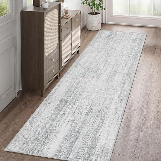 MUJOO Washable Runner Rug 2x8,Modern Abstract Area Rugs for Kitchen Hallways Bedroom Bedside Bathroom Laundry,Non Slip Throw Carpet Long Mat Indoor,Low Pile Accent Neutral Grey