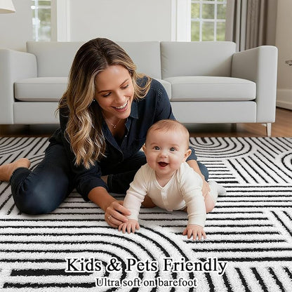 SHACOS Soft Cozy Fluffy Arch Pattern High Low Pile Runner Rugs 2'x6' Non Slip Washable Rug Runners Modern Geometric Arc Carpet for Bedroom Bathroom Hallway, Black White