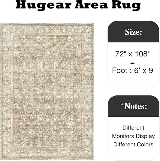 HUGEAR 6x9 Machine Washable Rugs Beige Hallway Large Area Rug Indoor Accent Rug Floral Low Pile Carpet Soft Throw Aesthetic Rug Bedroom Living Room Office Dining Room Kitchen Laundry Room