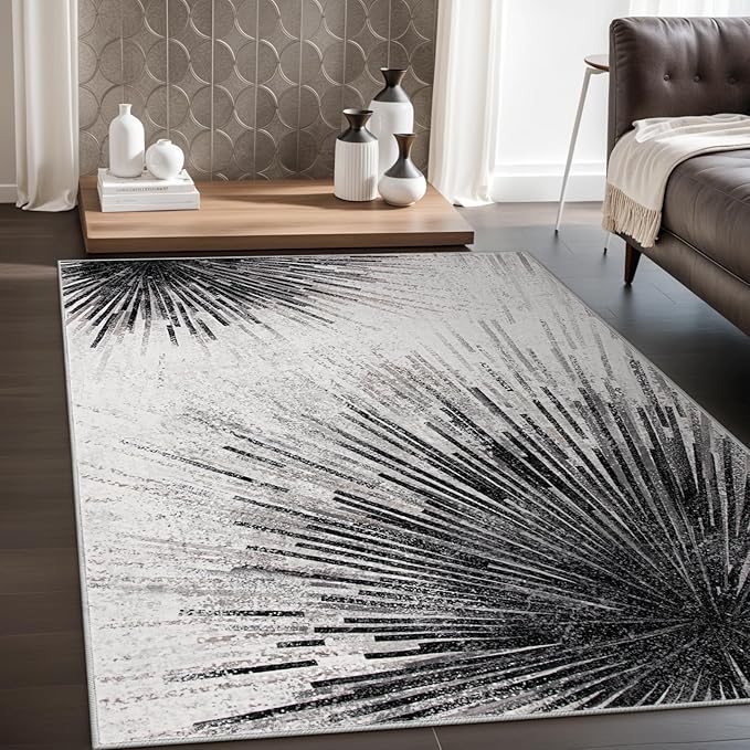 Lahome Mordern Black Rug for Living Room - Washable Area Rugs 5x7 Non-Slip Soft Rug for Bedroom, Abstract Print Ultra-Thin Stain Resistant Carpet for Dining Room Office Entryway