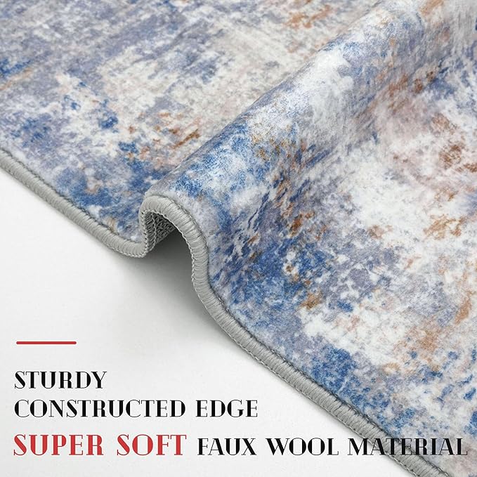 Modern Abstract Hallway Runner Rug, Grey Blue Orange Multi 2x8 Runner Rug, Washable Kitchen Runner Non-Slip Soft Thin Print Faux Wool Carpet for Entryway Bedroom Laundry Room Indoor