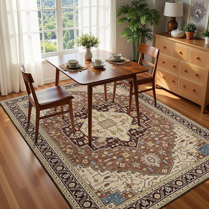 4x6 Mousse Brown Area Rug for Living Room, Machine Washable Rugs with Non-Slip Backing for Bedroom, Vintage Medallion Carpet Kitchen Laundry Kids Room Decor