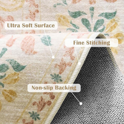 jinchan Round Rug 7ft Area Rug Vintage Floral Distressed Design Machine Washable Soft Non-Slip Low-Pile Ultra-Thin Circle Rug for Living Room Dining Room Bedroom Home Office (7' Round, Apricot Multi)