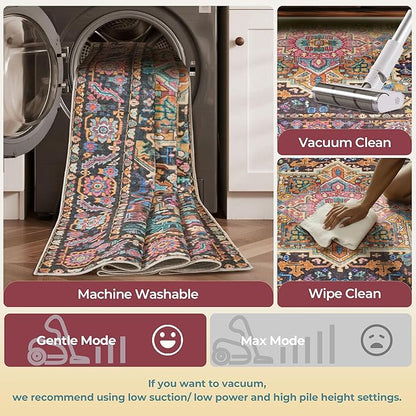 Kokia 8x10 Washable Black and Pink Area Rugs with Vintage Orient Design Soft Rug for Living Room or Bedroom Non-Slip Low Pile Stain Resistance Features Distressed Medallion Pattern