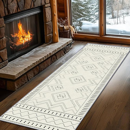 Beige White Runner Rug, 2.6x7ft Black Geometric Square Pattern Hallway Decor Rug - Modern Home Corridor & Foyer Accent Carpet, Non-Slip Mat Washable Rugs, Stylish Carpet for Hallway Spaces