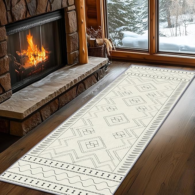 Beige White Runner Rug, 4x10ft Black Geometric Square Pattern Hallway Decor Rug - Modern Home Corridor & Foyer Accent Carpet, Non-Slip Mat Washable Rugs, Stylish Carpet for Hallway Spaces