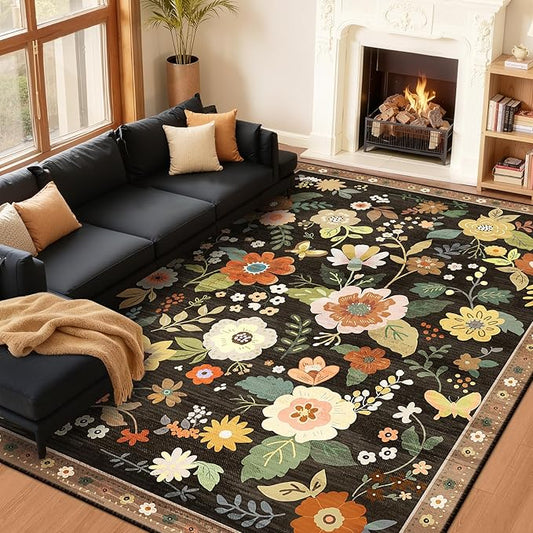 Floral 9x12 Area Rug Machine Washable Soft Print Boho Carpet Non Slip Doormat Low Pile Flower Area Rugs for Living Room Bedroom Nursery Kitchen Dining Room Indoor-Black/Yellow/Red
