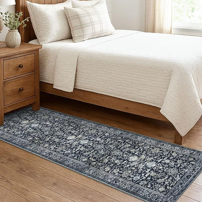 KILOCOCO Hallway Runner 2x7 Rug Runner Printed Vintage Floral Washable Kitchen Runners Non-slip Rubber Backed Runners for Hallways Laundry Room Distressed Boho Rugs for Entryway Bedroom, Navy/Charcoal