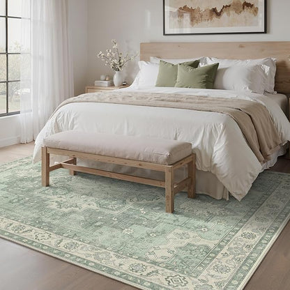 GENIMO 8x10 Area Rugs for Living Room, Machine Washable Non Slip Vintage Rugs, Low Pile Lightweight Chenille Print Rug for Bedroom, Dining Room, Home Office, Light Green